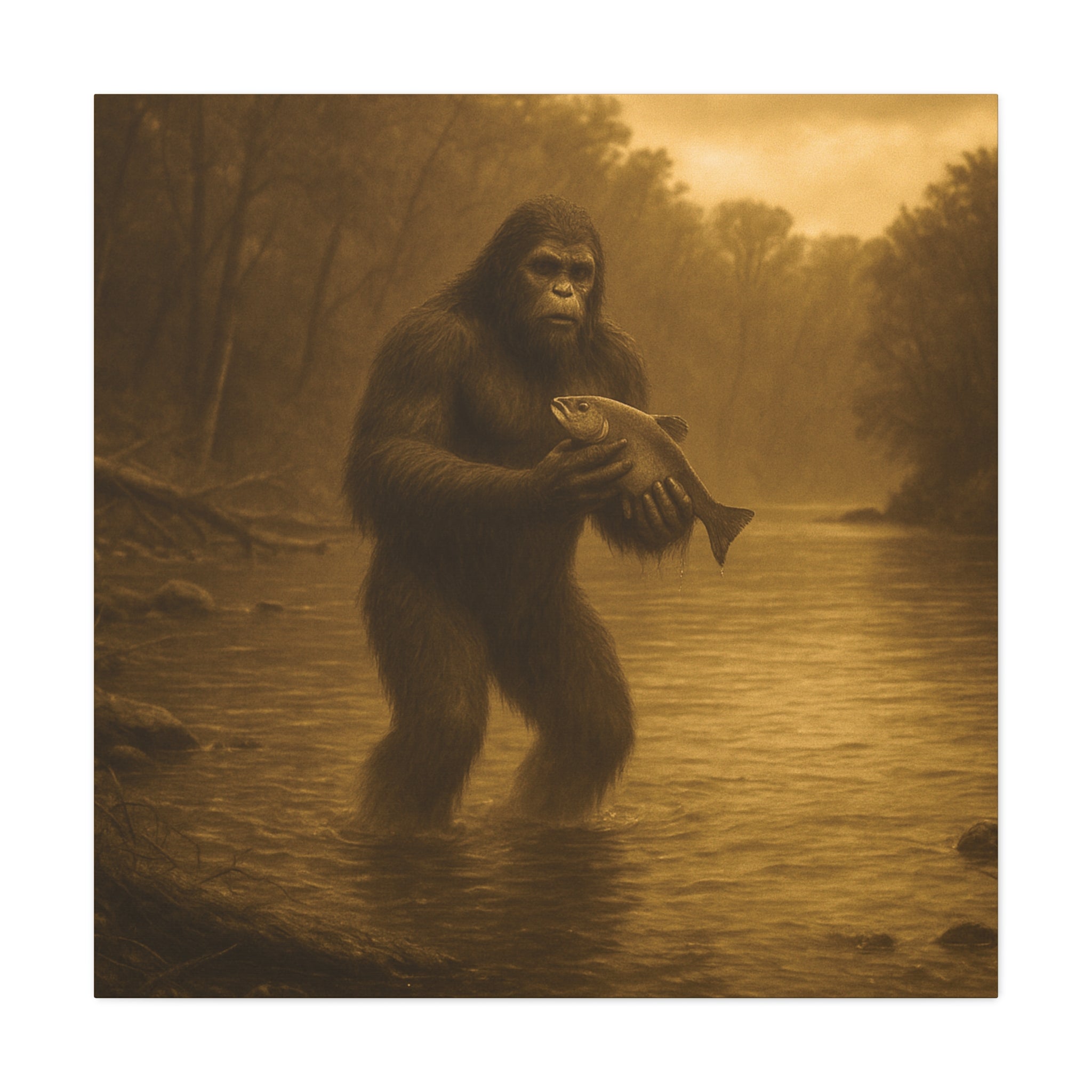 Fishing with Bigfoot Matte Canvas Wall Art