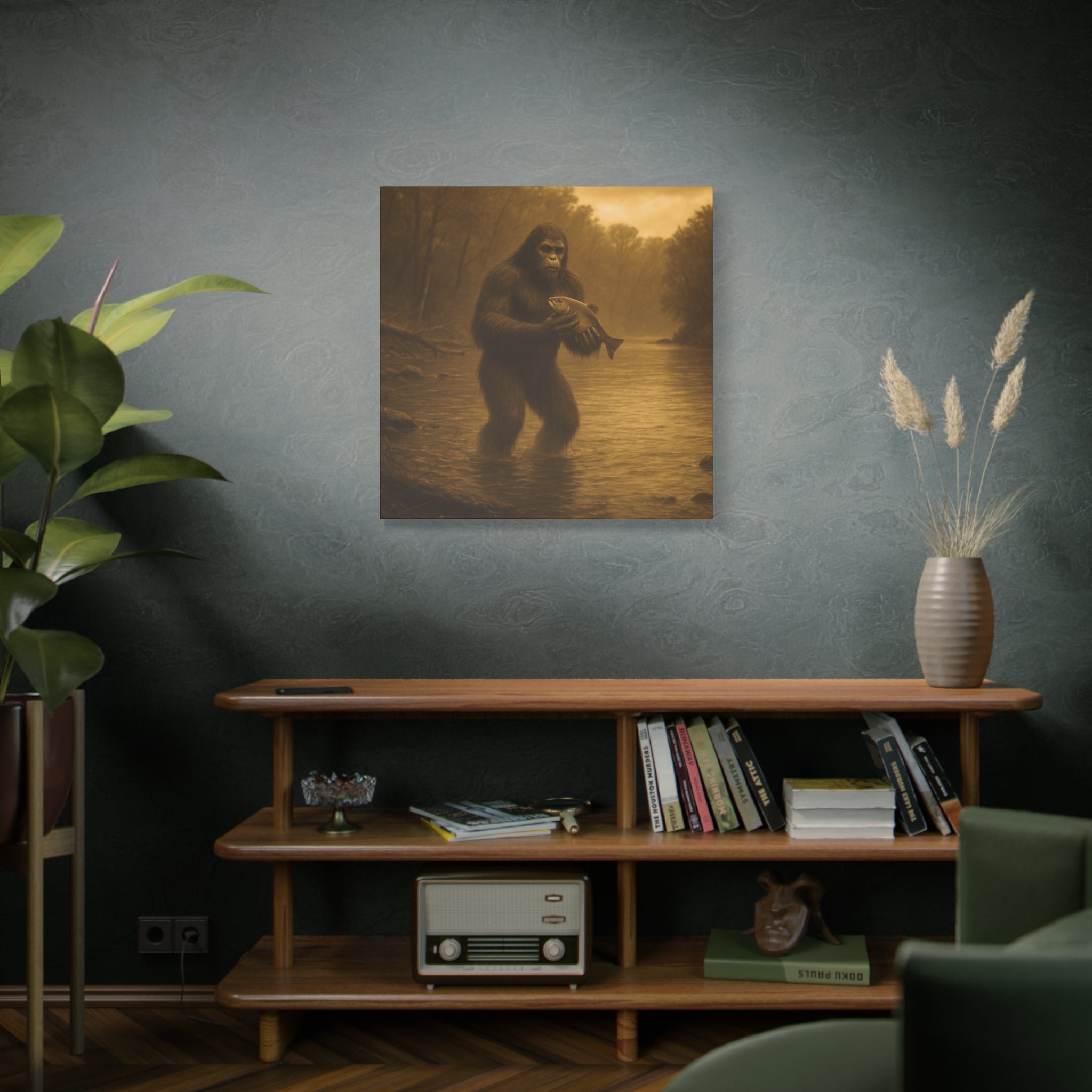 Fishing with Bigfoot Matte Canvas Wall Art