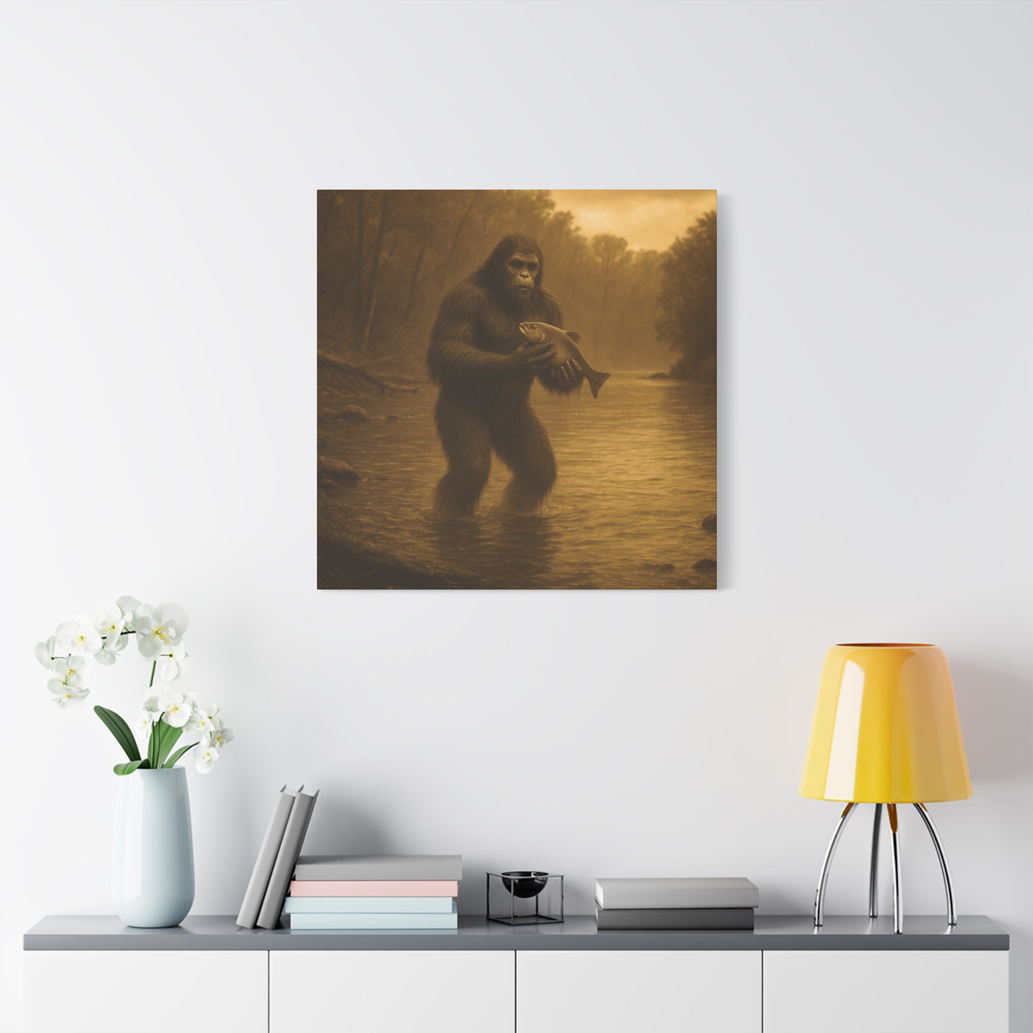 Fishing with Bigfoot Matte Canvas Wall Art