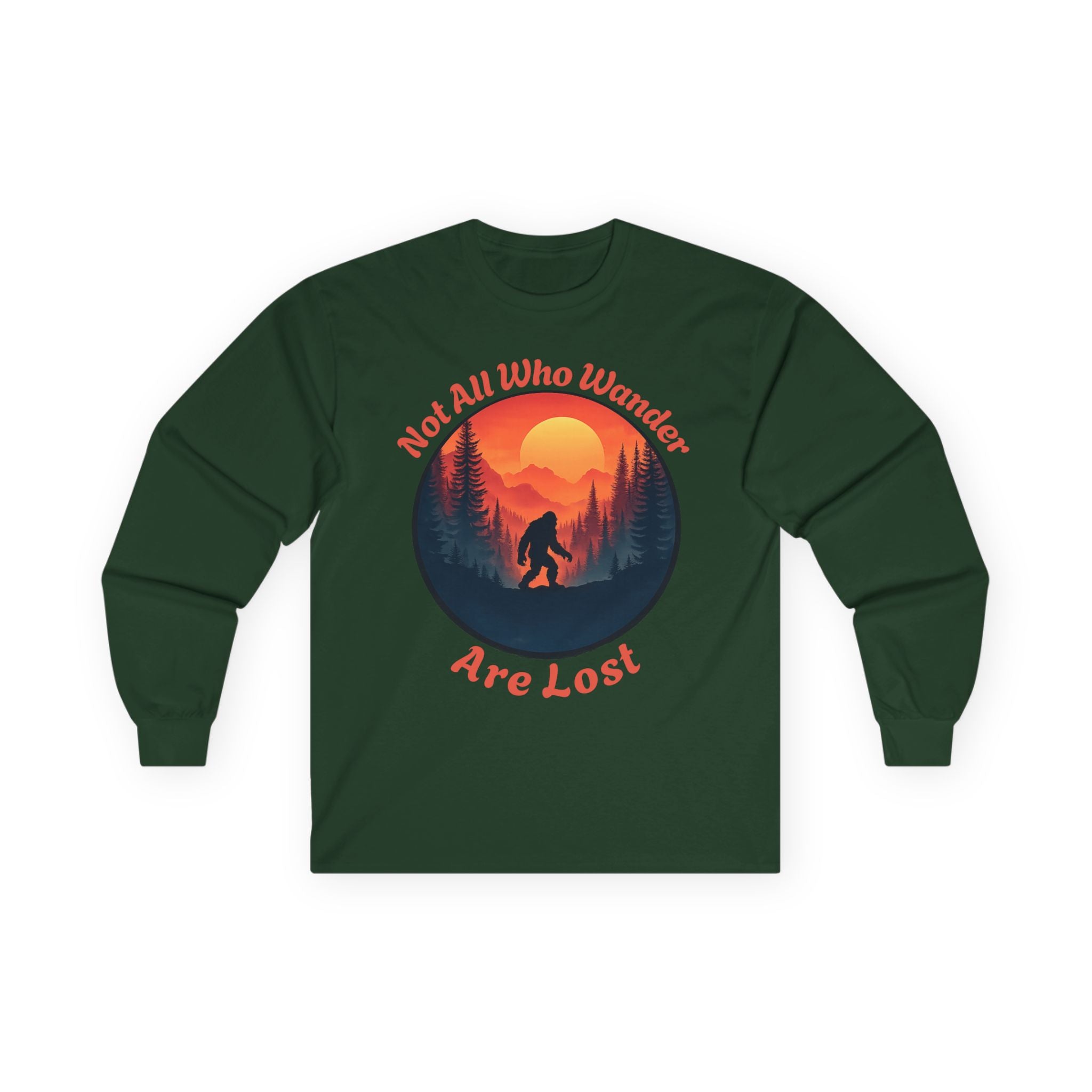 The Wanderer Long Sleeve Tee - Vintage Bigfoot Forest Sunset Design
