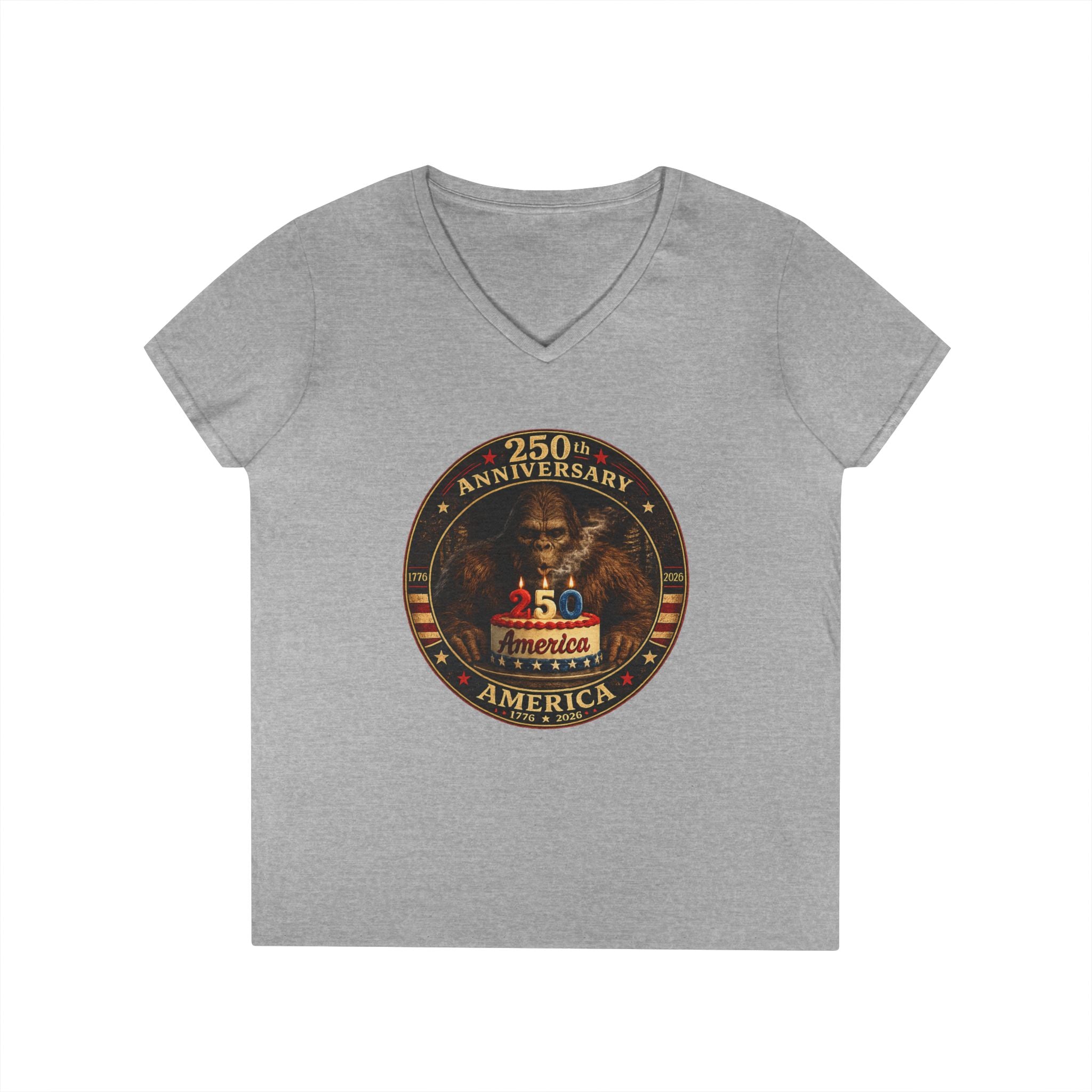 Limited Edition: 250th Anniversary Bigfoot Birthday Cake Ladies V-Neck T-Shirt