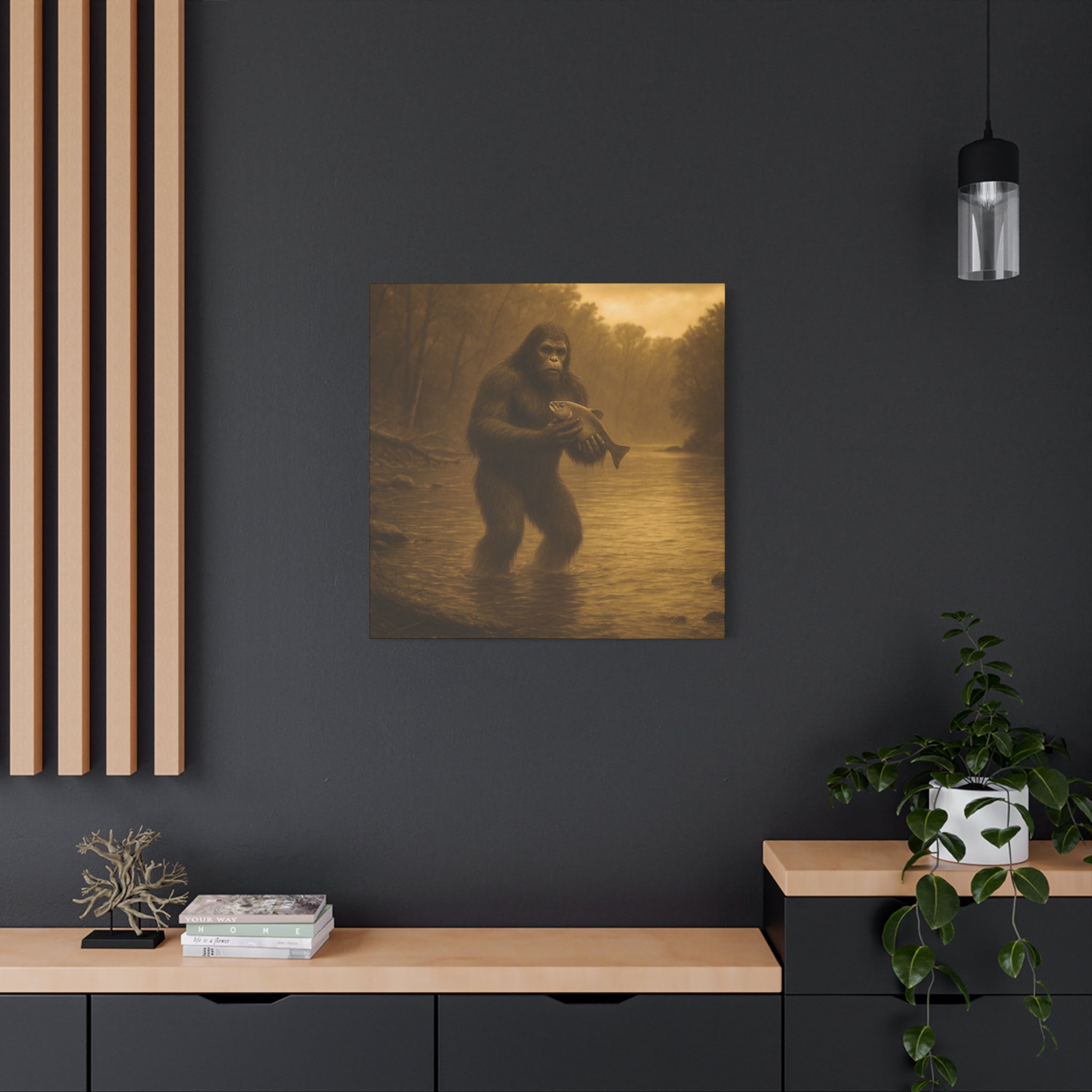Fishing with Bigfoot Matte Canvas Wall Art