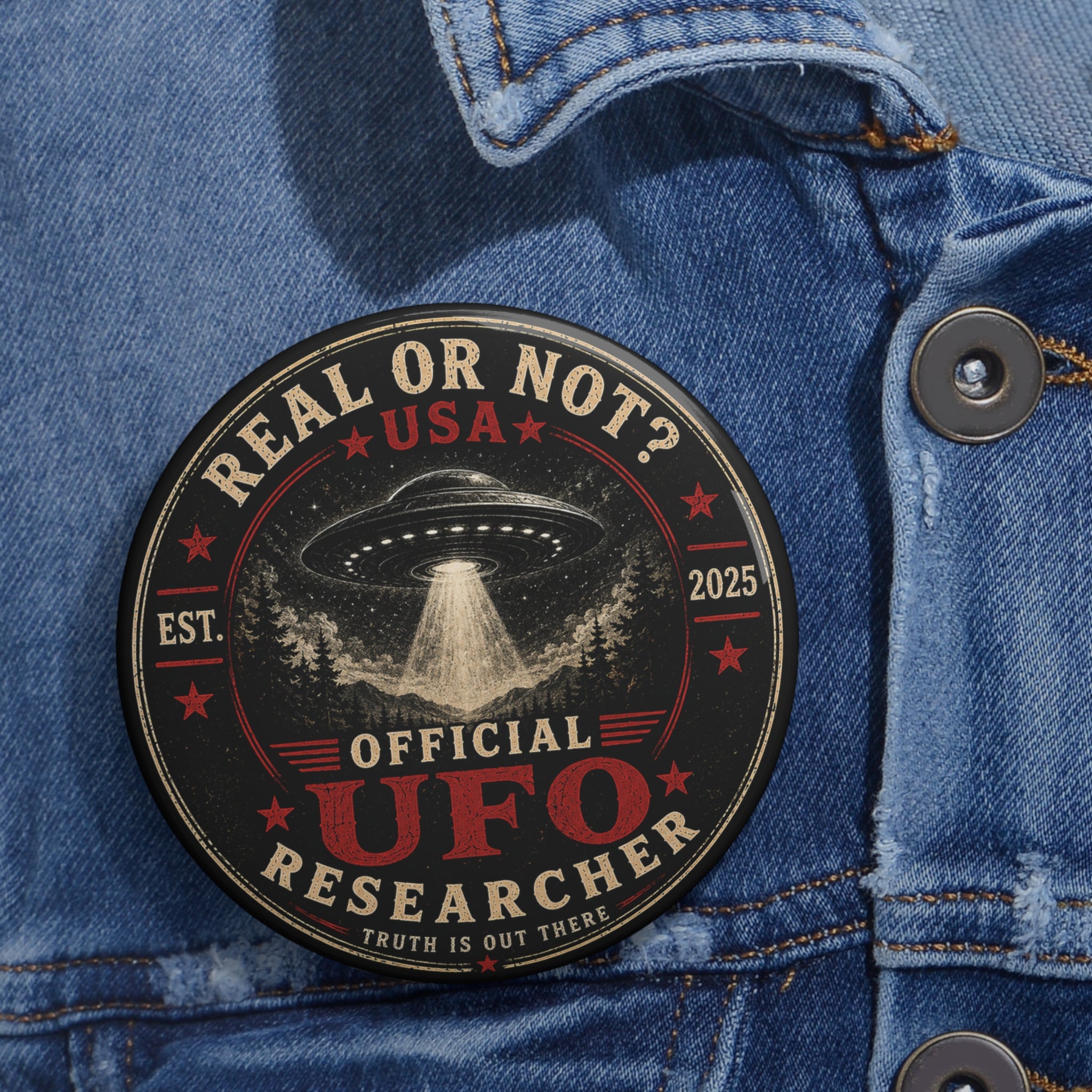 UFO Researcher Round Pin Button