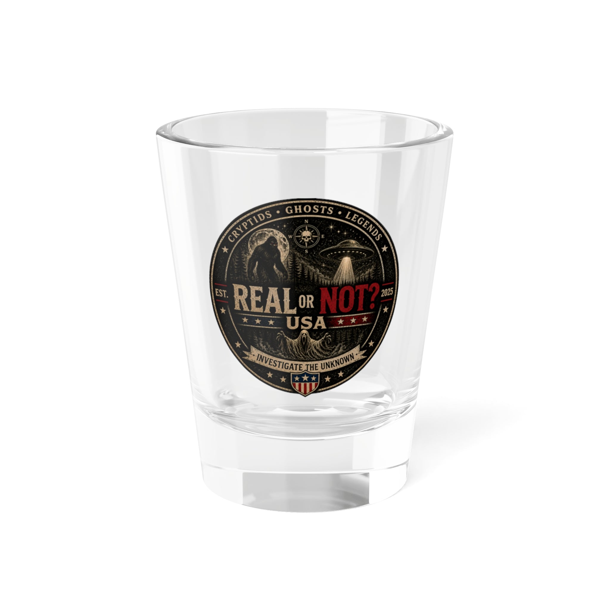 Real or Not? USA Shot Glass – 1.5oz Paranormal Vintage Badge