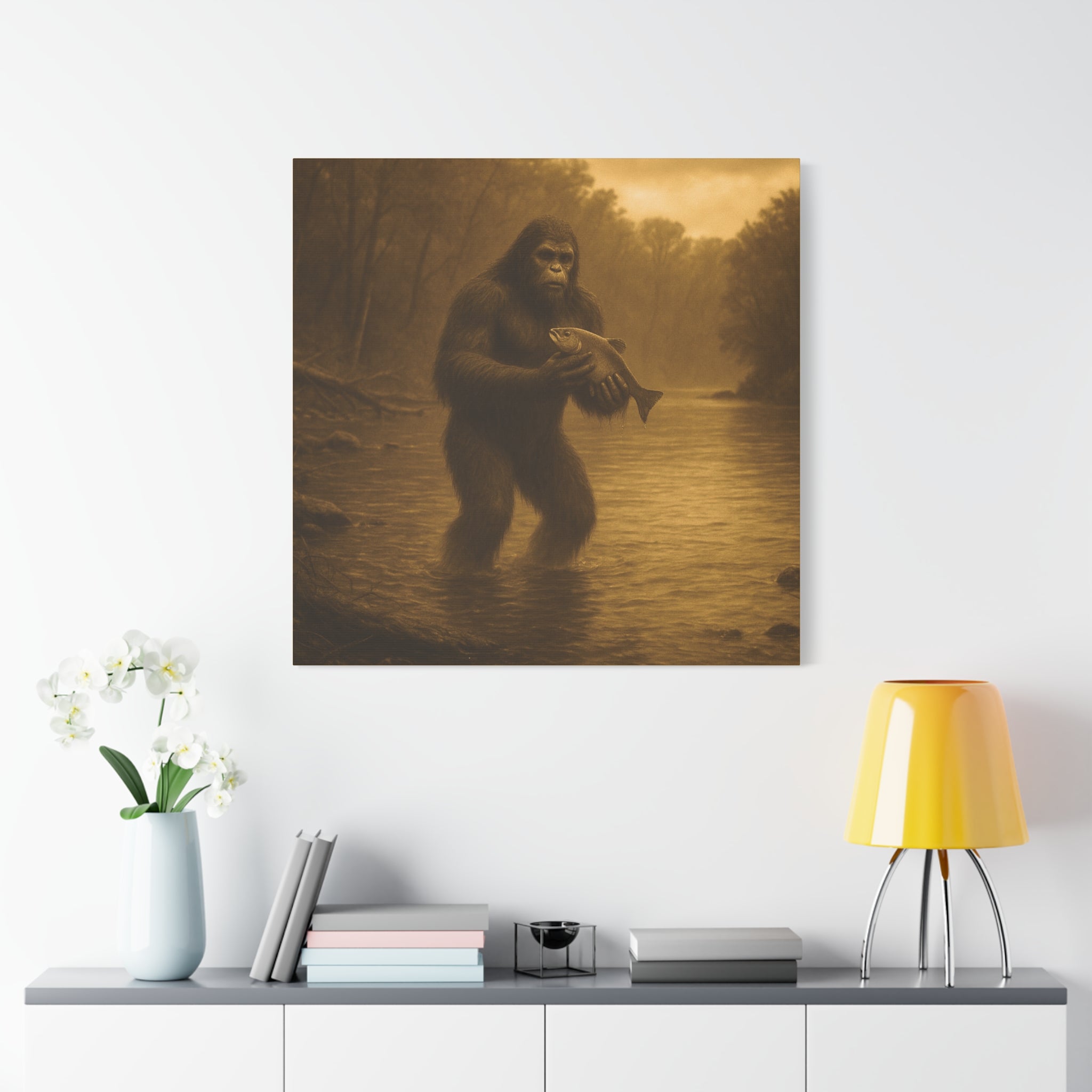 Fishing with Bigfoot Matte Canvas Wall Art