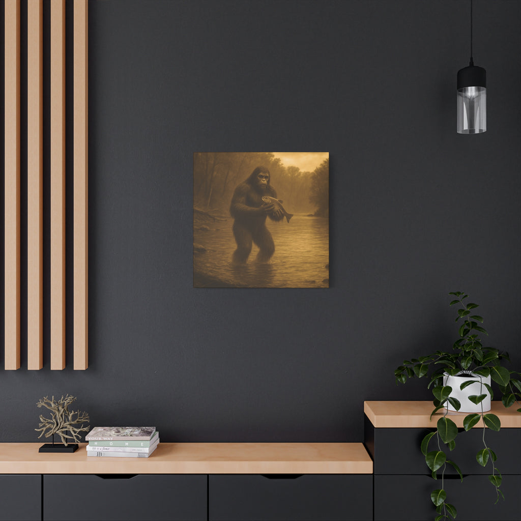 Fishing with Bigfoot Matte Canvas Wall Art