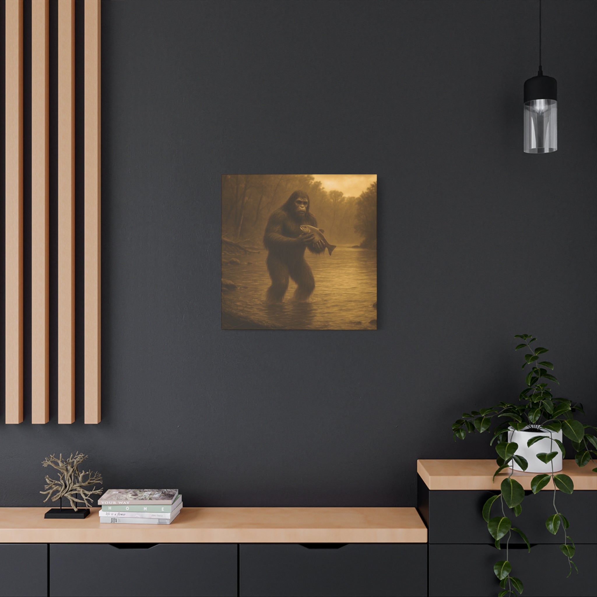 Fishing with Bigfoot Matte Canvas Wall Art