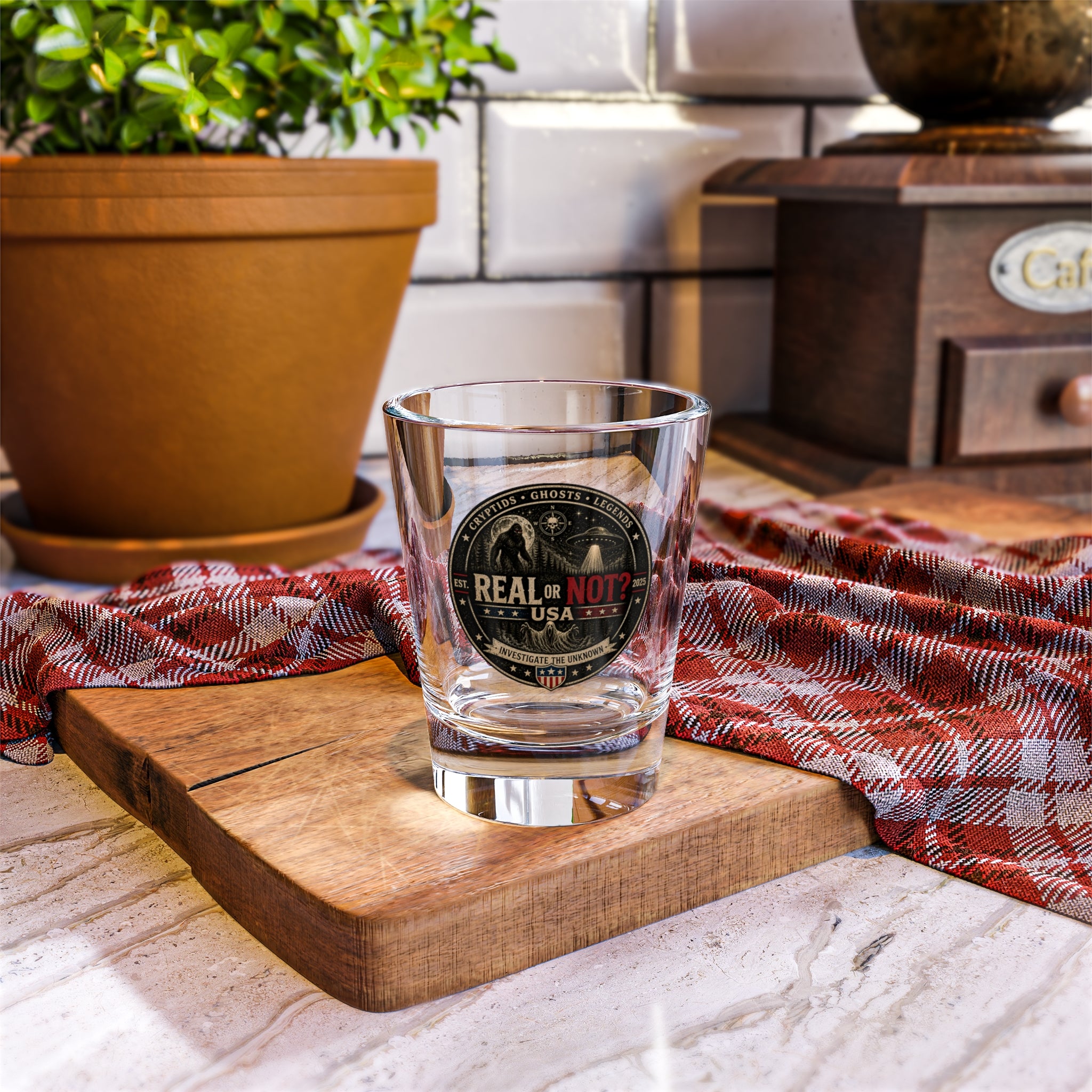 Real or Not? USA Shot Glass – 1.5oz Paranormal Vintage Badge