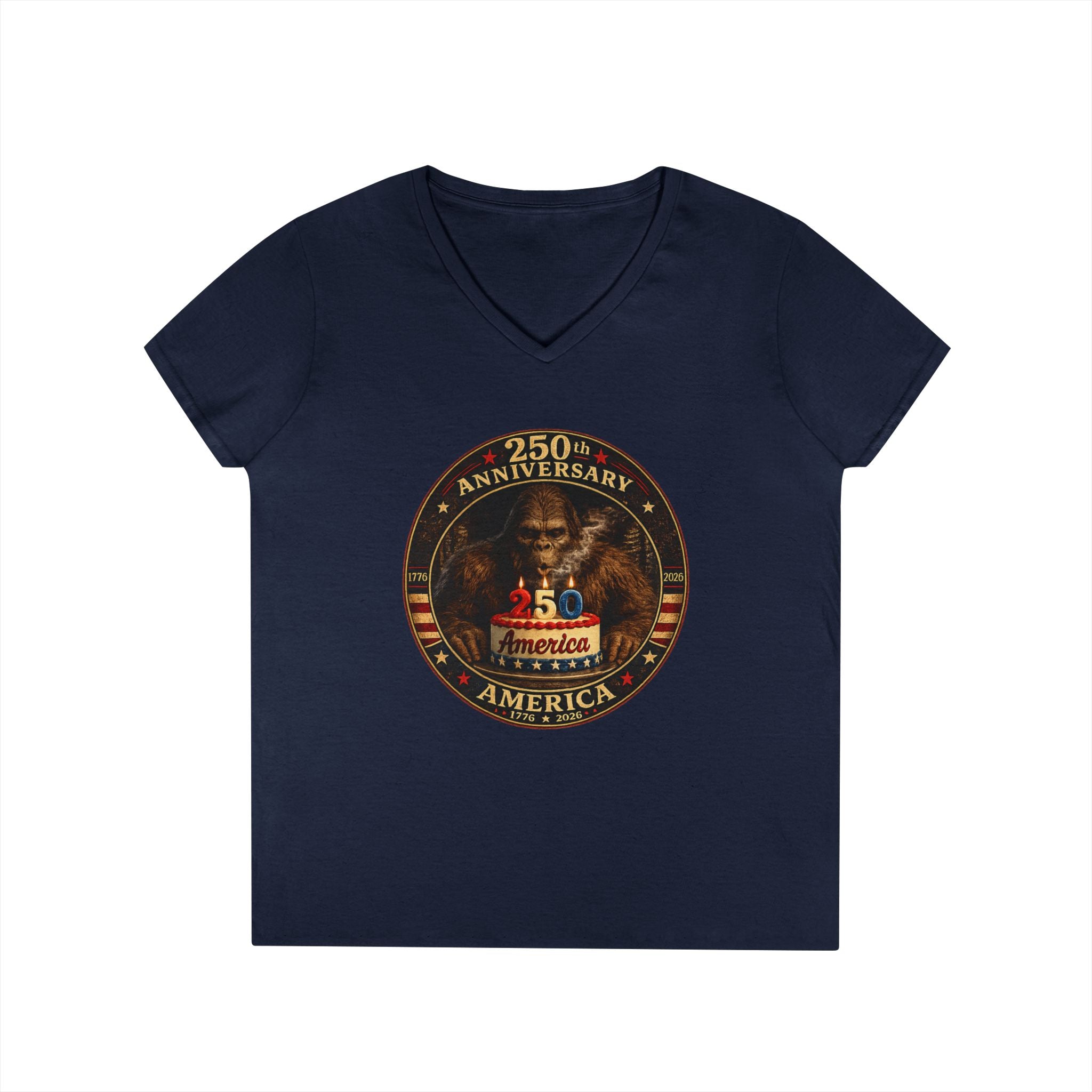 Limited Edition: 250th Anniversary Bigfoot Birthday Cake Ladies V-Neck T-Shirt