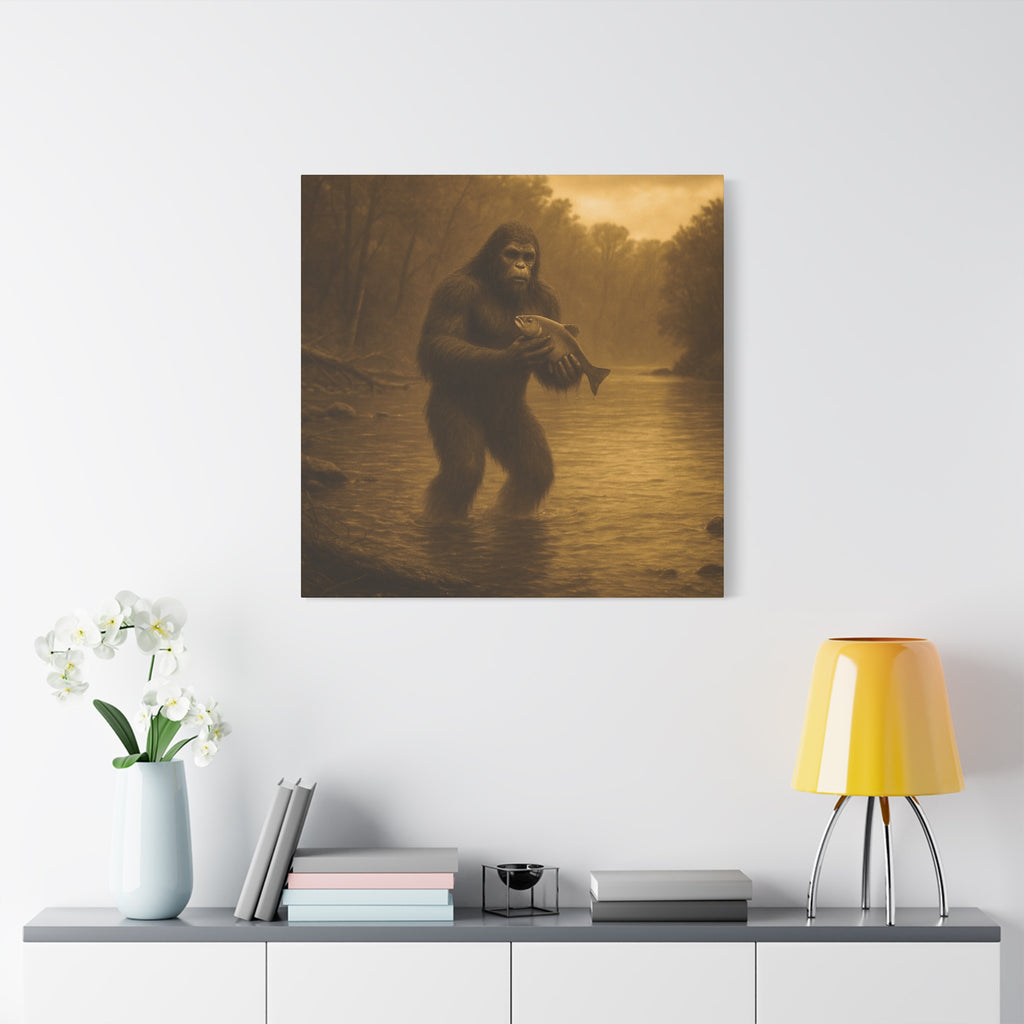 Fishing with Bigfoot Matte Canvas Wall Art