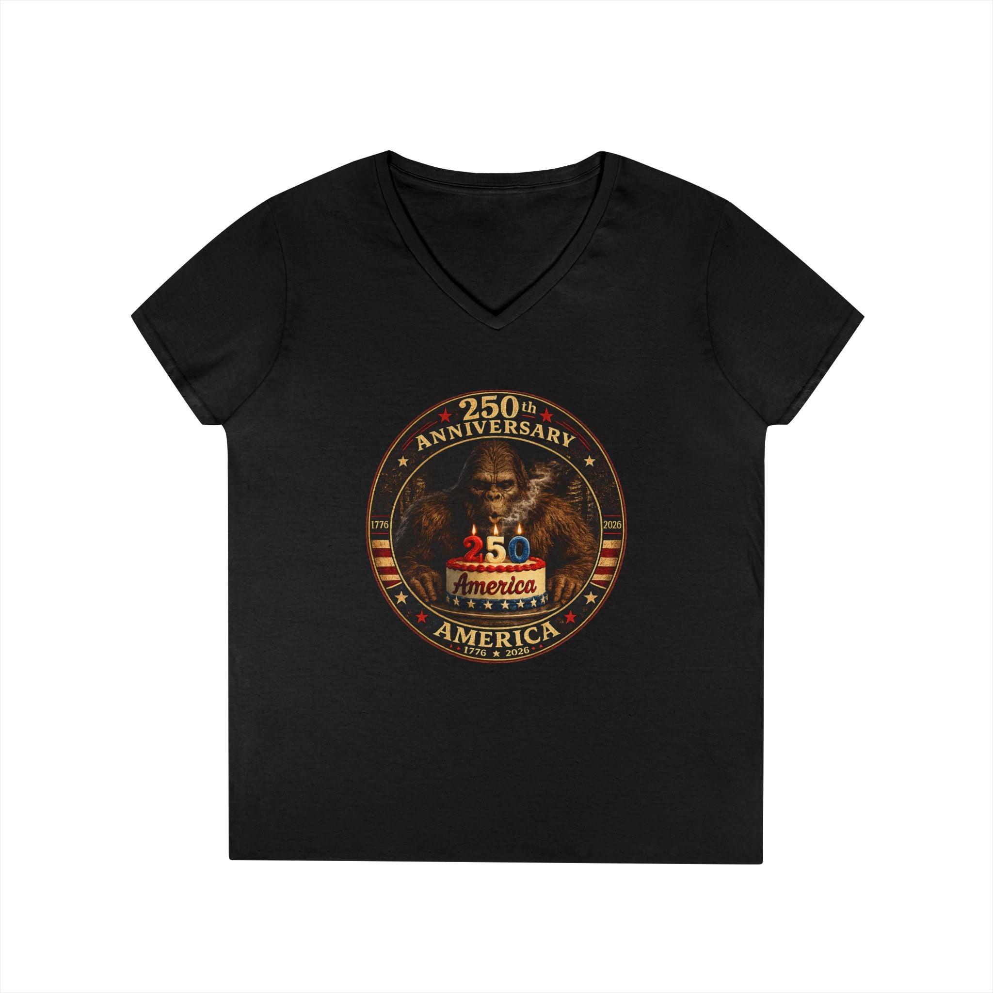Limited Edition: 250th Anniversary Bigfoot Birthday Cake Ladies V-Neck T-Shirt