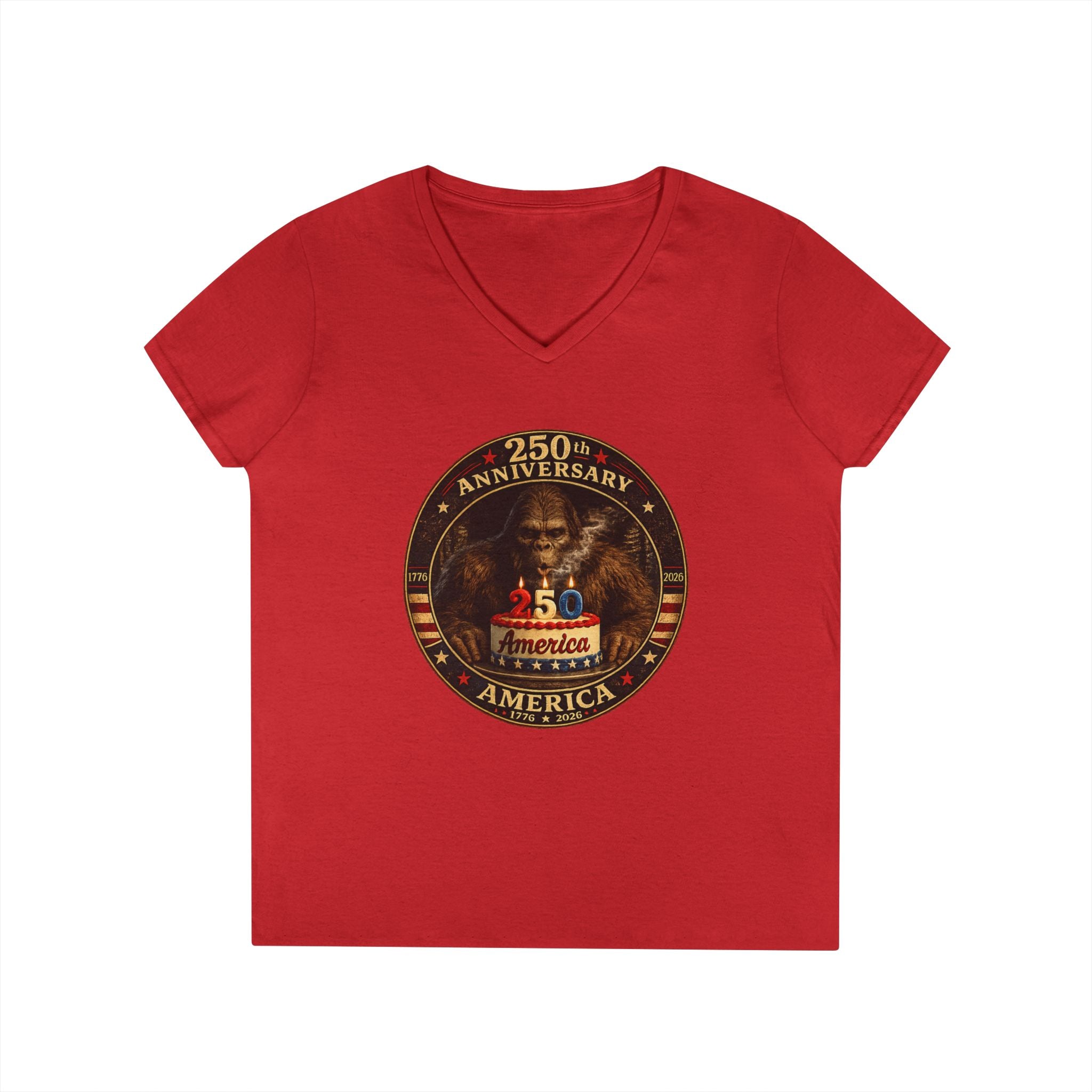 Limited Edition: 250th Anniversary Bigfoot Birthday Cake Ladies V-Neck T-Shirt