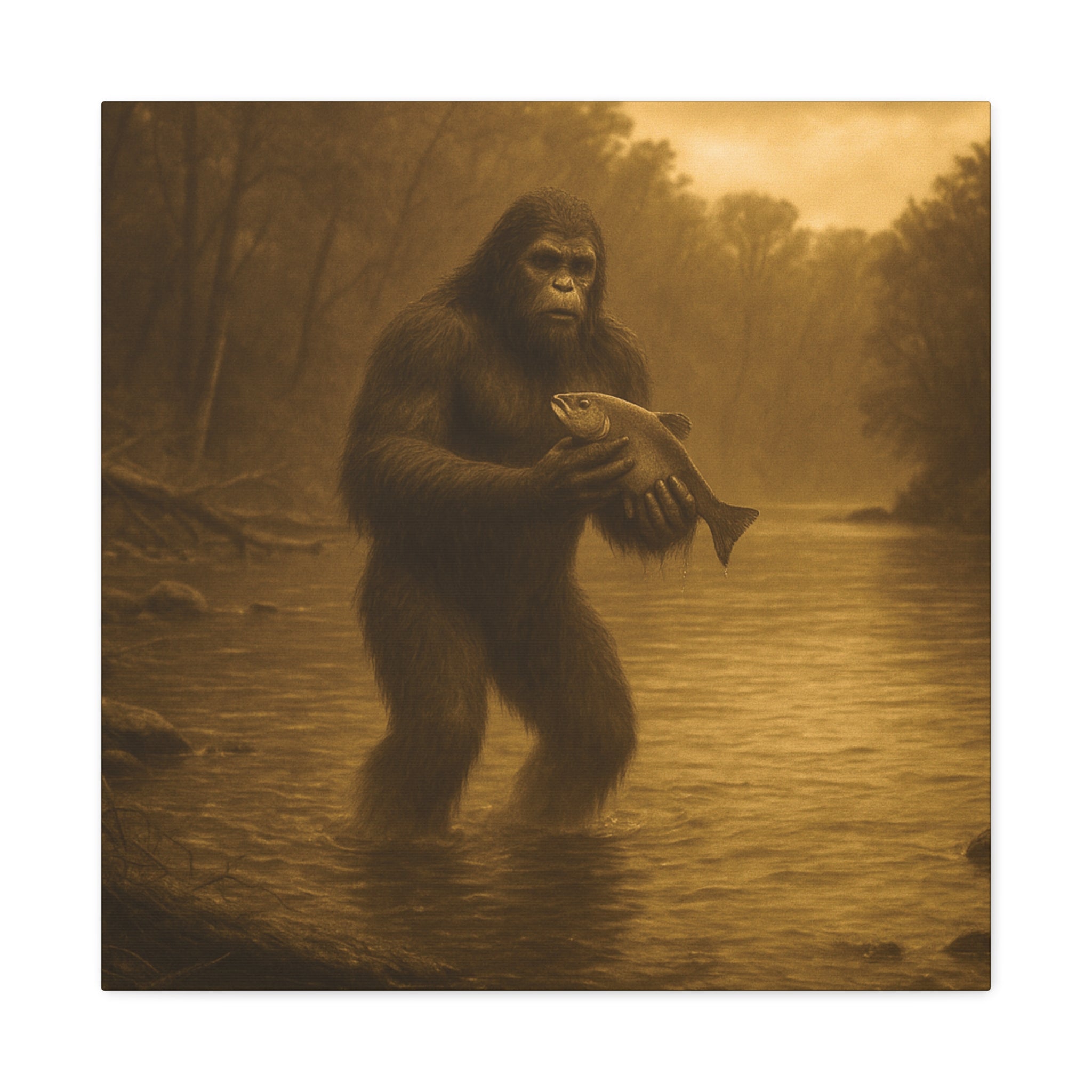 Fishing with Bigfoot Matte Canvas Wall Art