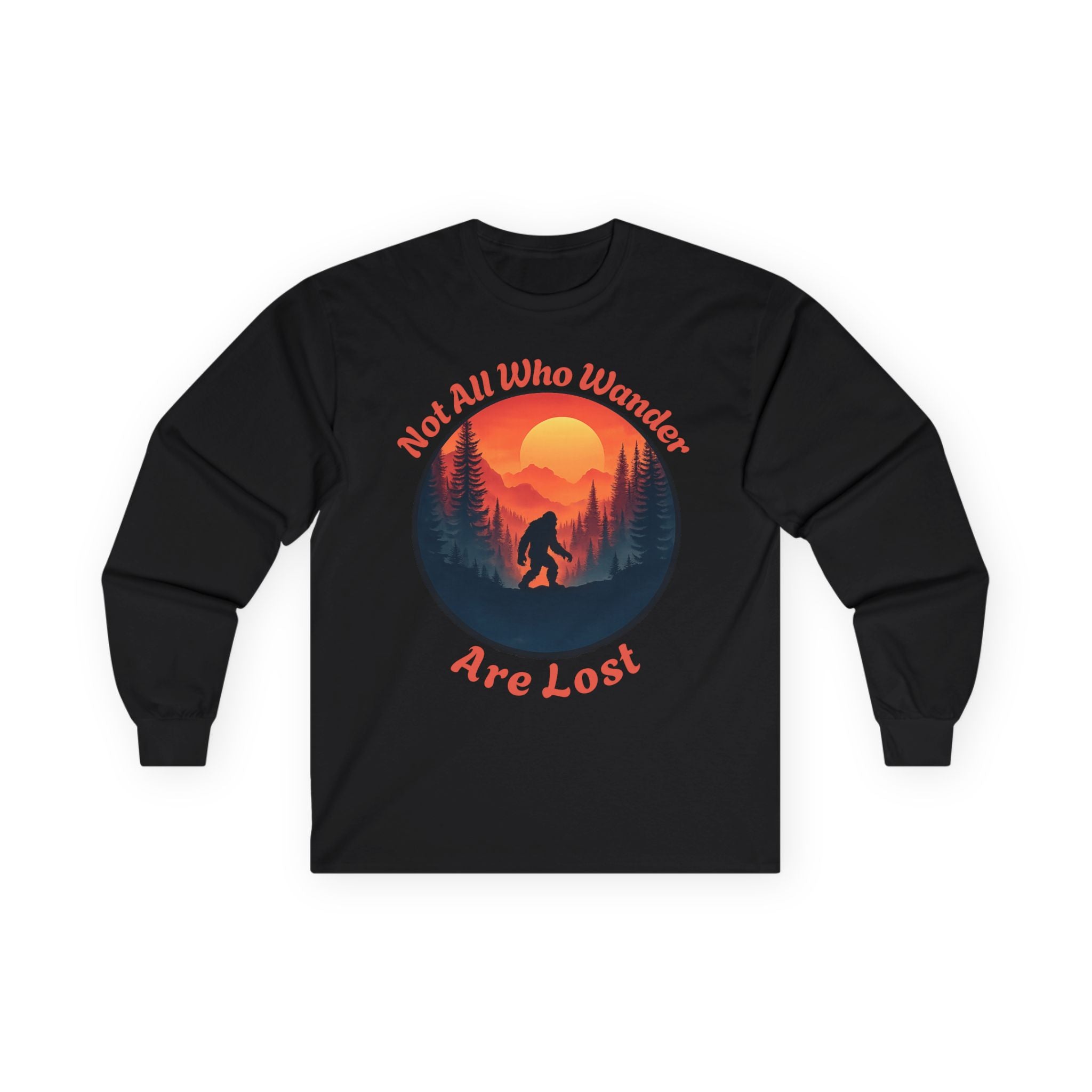 The Wanderer Long Sleeve Tee - Vintage Bigfoot Forest Sunset Design