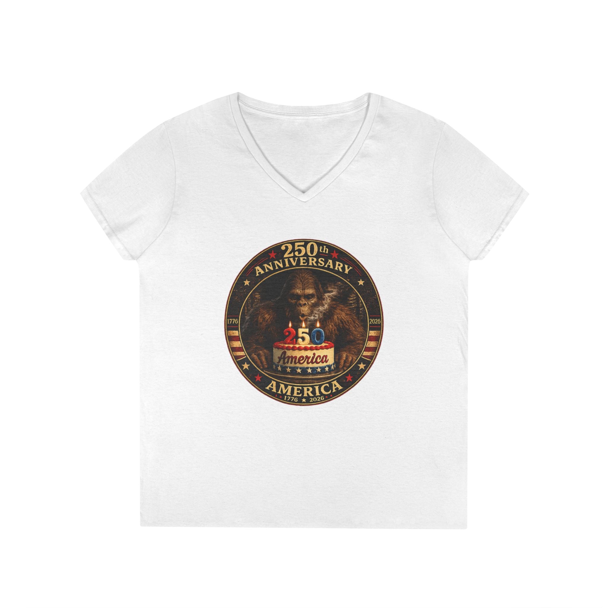 Limited Edition: 250th Anniversary Bigfoot Birthday Cake Ladies V-Neck T-Shirt
