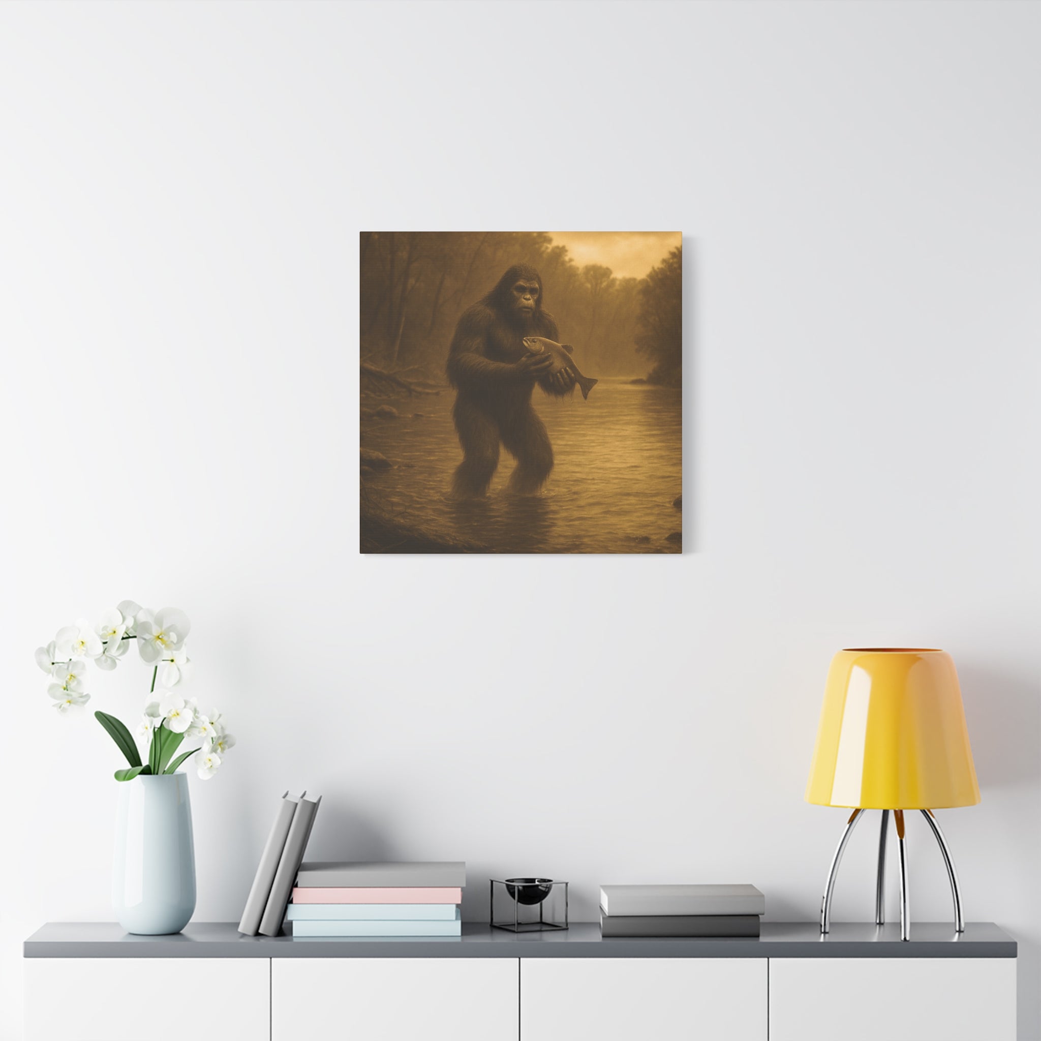 Fishing with Bigfoot Matte Canvas Wall Art