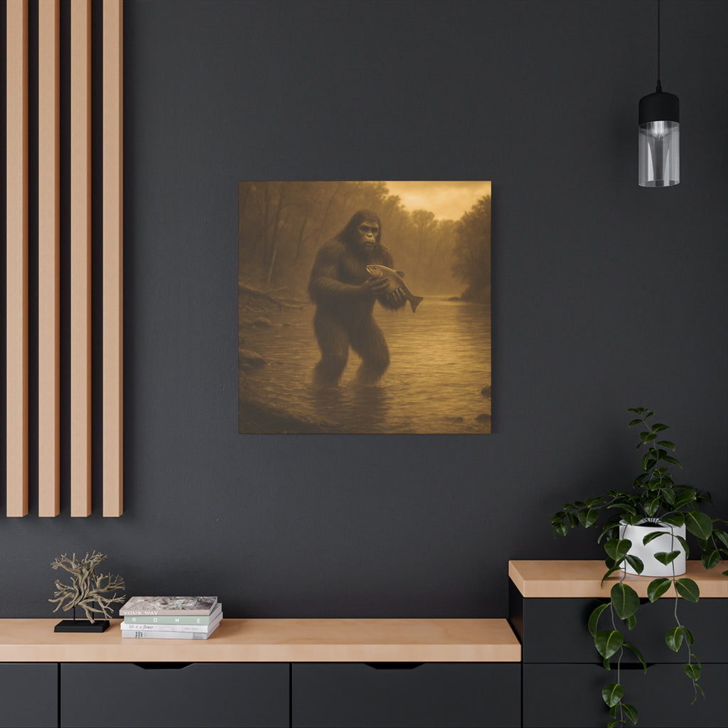 Fishing with Bigfoot Matte Canvas Wall Art