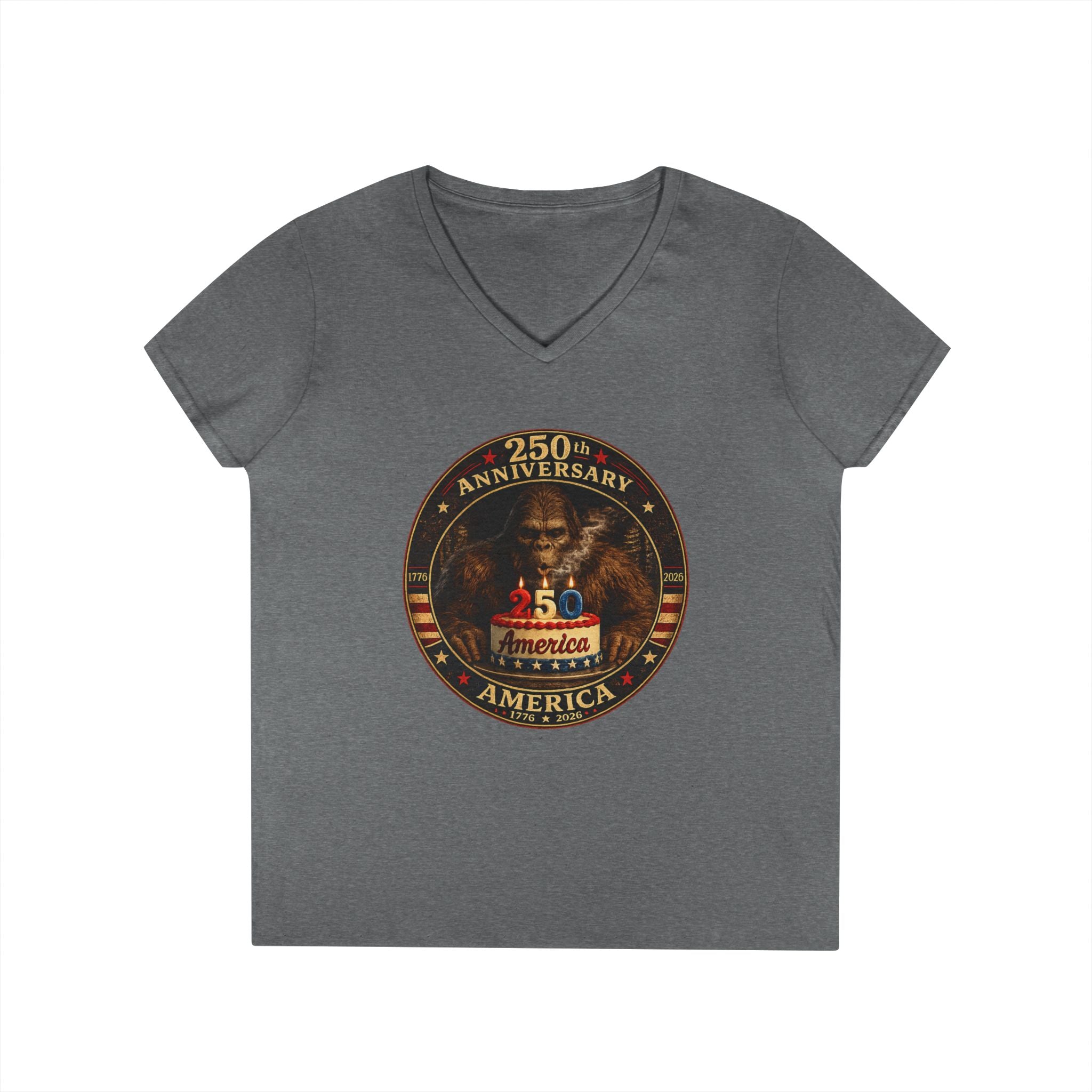 Limited Edition: 250th Anniversary Bigfoot Birthday Cake Ladies V-Neck T-Shirt