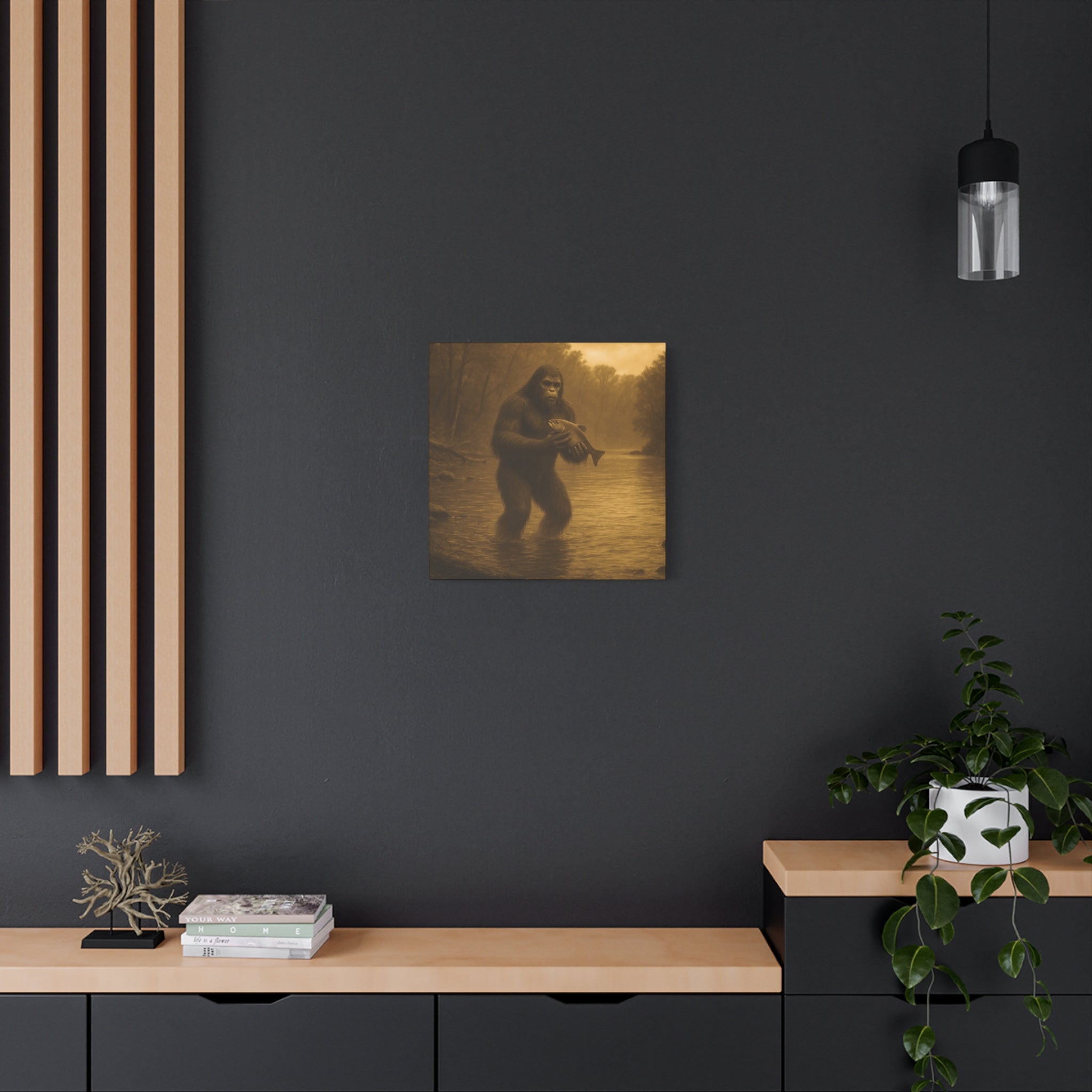 Fishing with Bigfoot Matte Canvas Wall Art