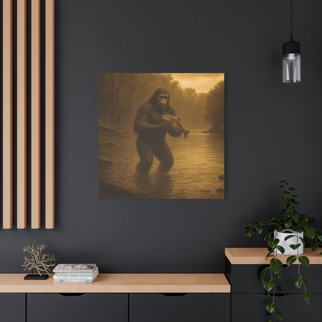 Fishing with Bigfoot Matte Canvas Wall Art