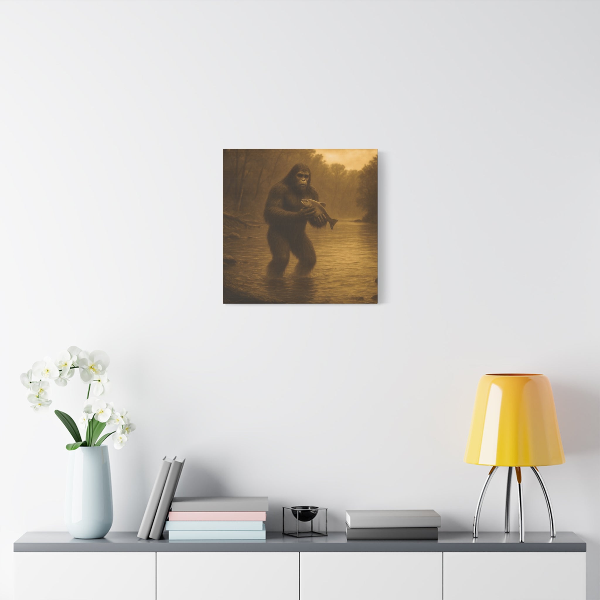 Fishing with Bigfoot Matte Canvas Wall Art