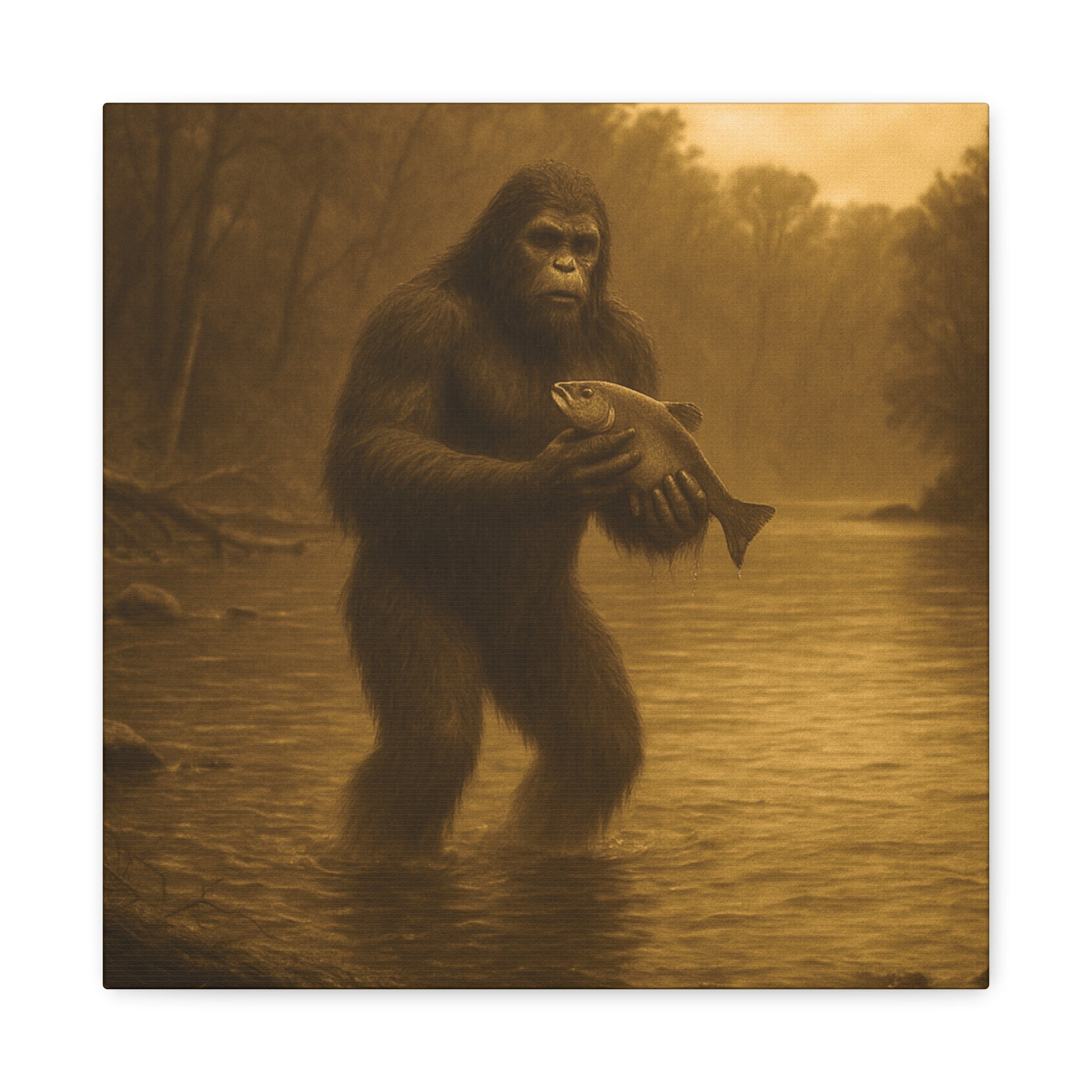 Fishing with Bigfoot Matte Canvas Wall Art