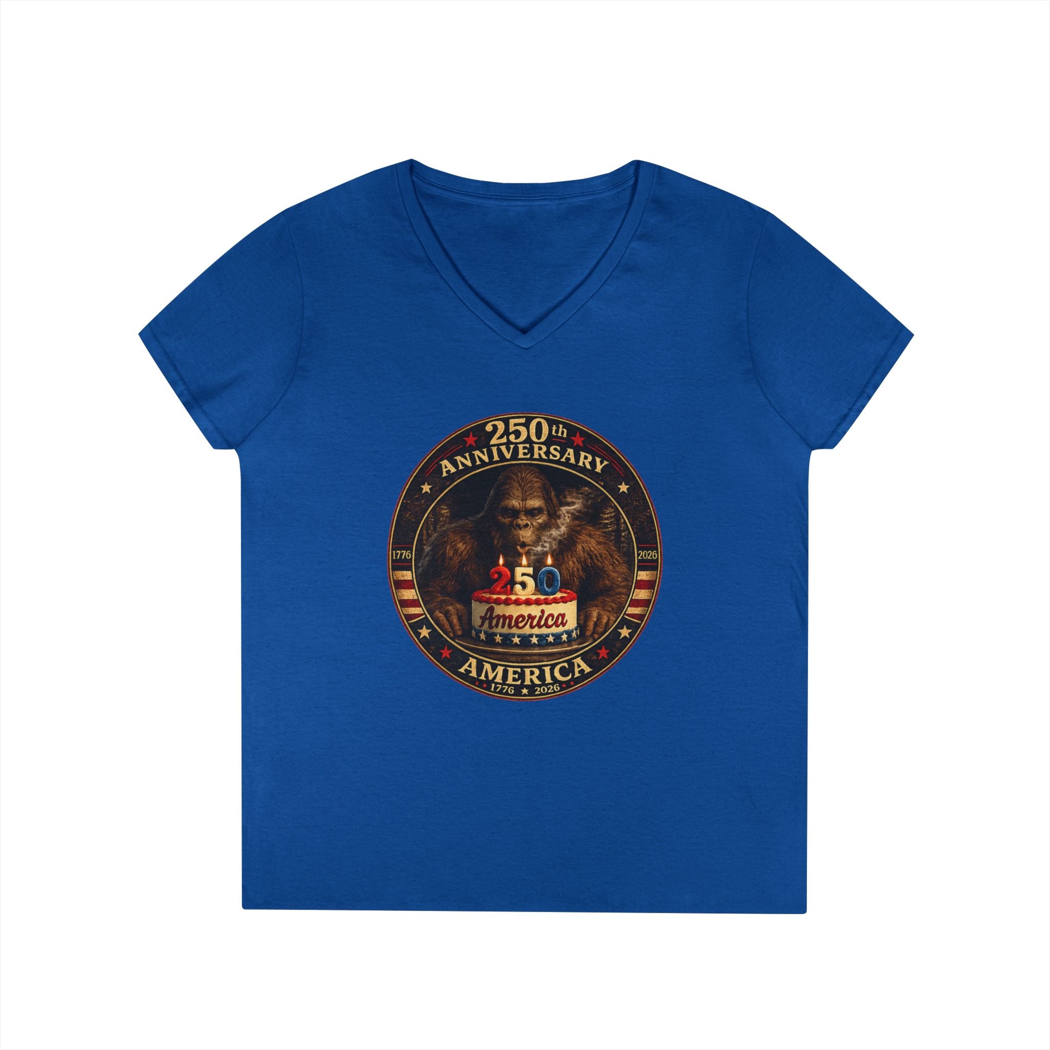 Limited Edition: 250th Anniversary Bigfoot Birthday Cake Ladies V-Neck T-Shirt