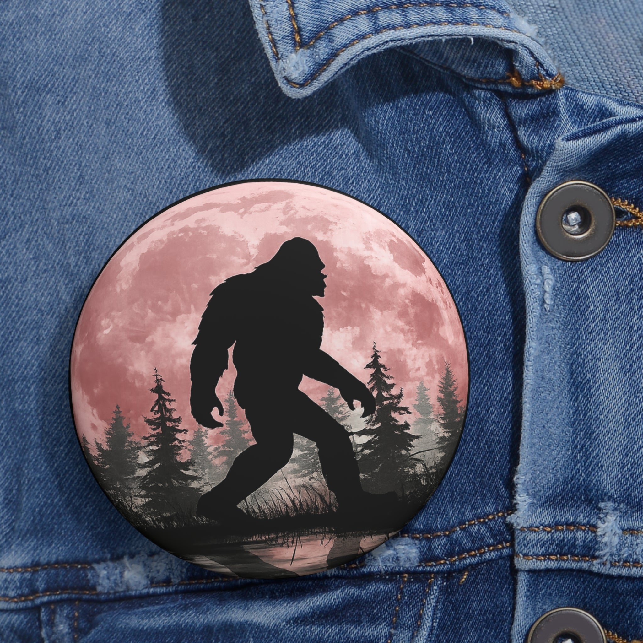 Bigfoot Night Walk Round Pin Button